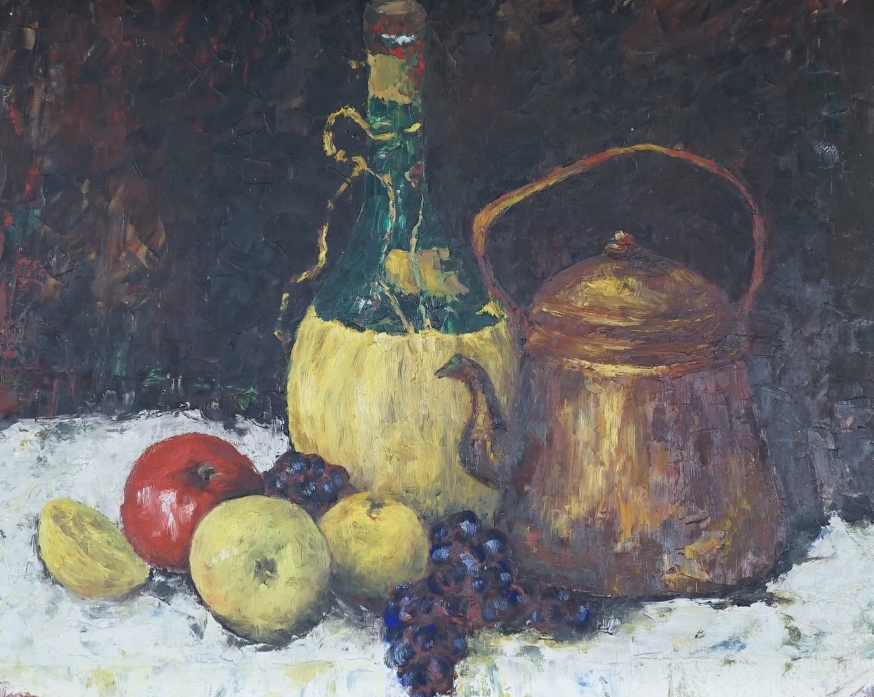 Impressionist oil on board, Still life of fruit and vessels, unsigned, 39 x 49cm. Condition - good